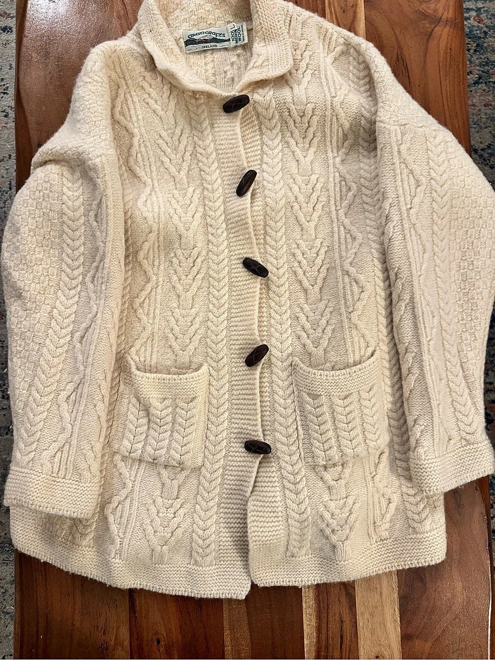 Aran Crafts Merino Wool Cable Knit Toggle Cardigan Cream Large